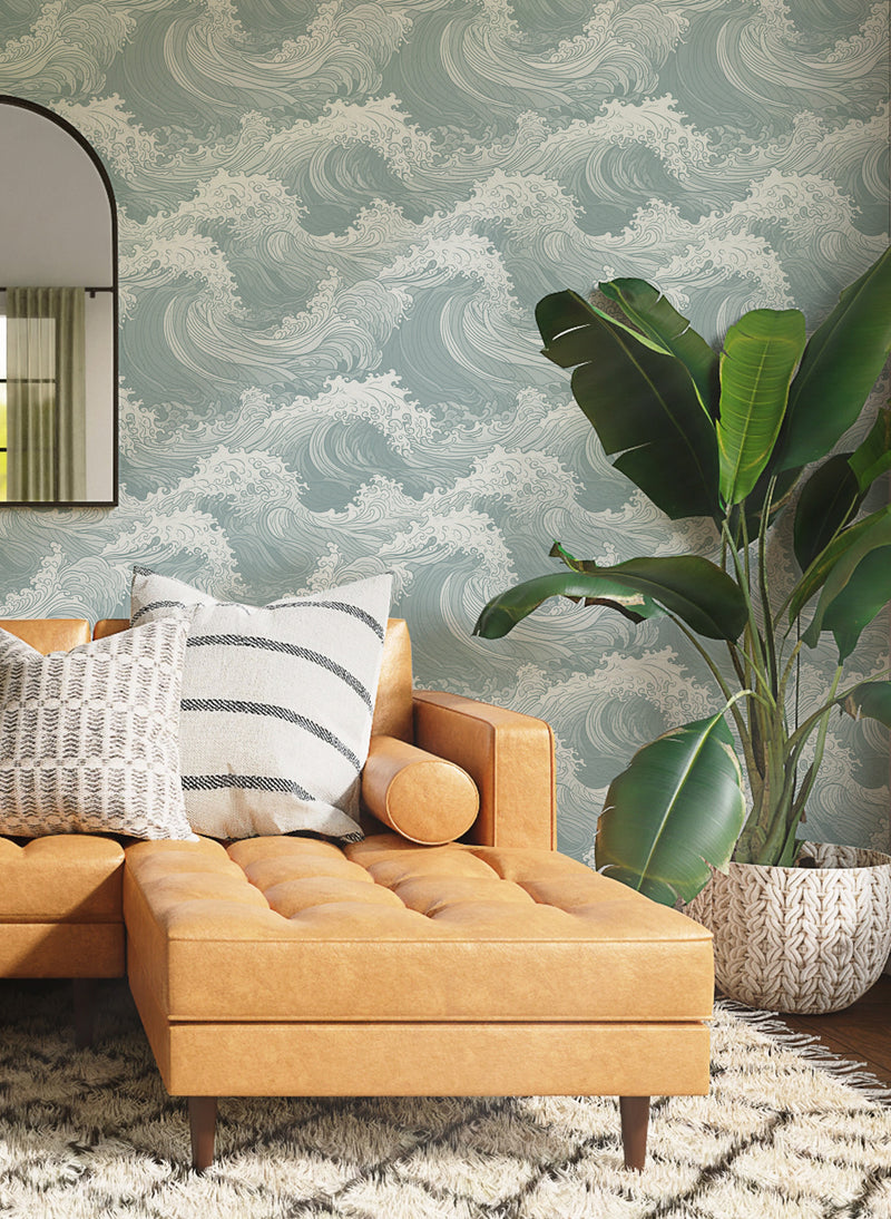 Oriental Waves in Jade Wallpaper