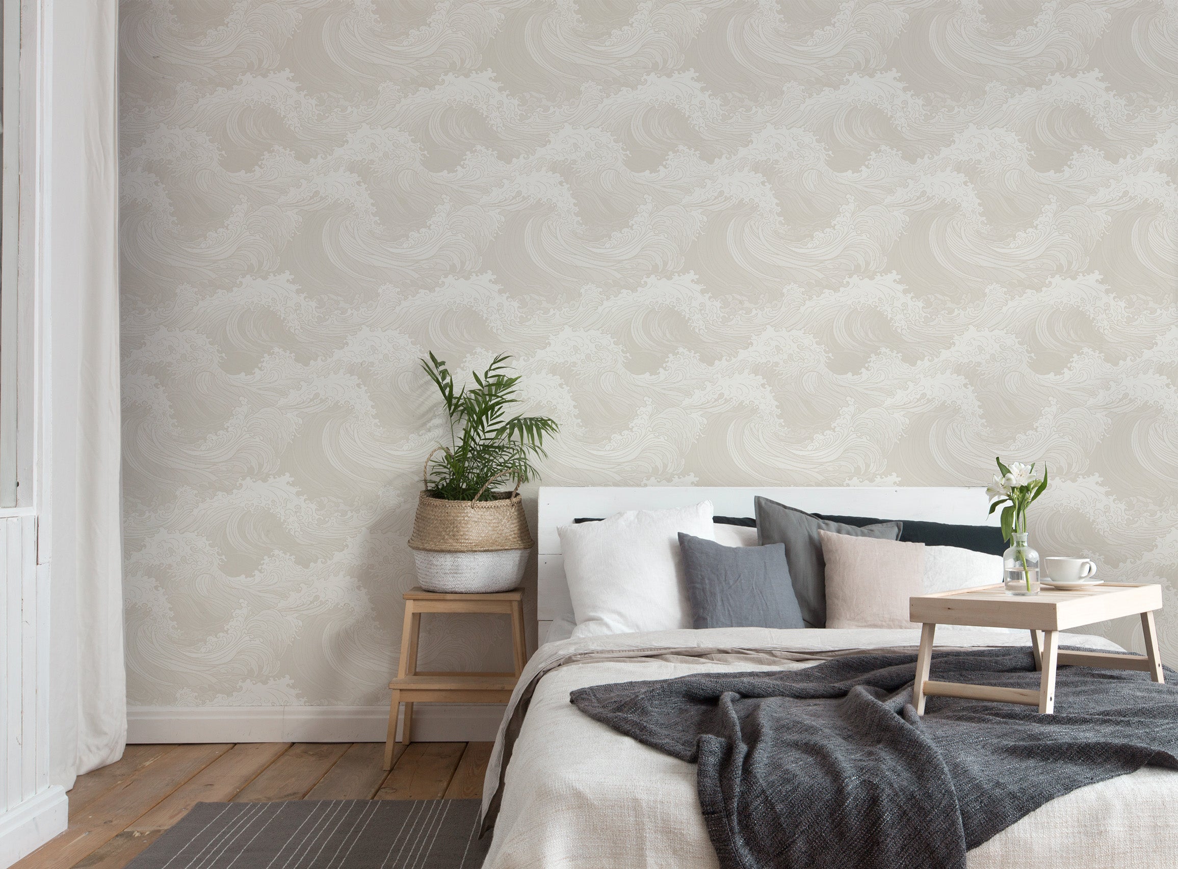 Oriental Waves in Neutral Wallpaper