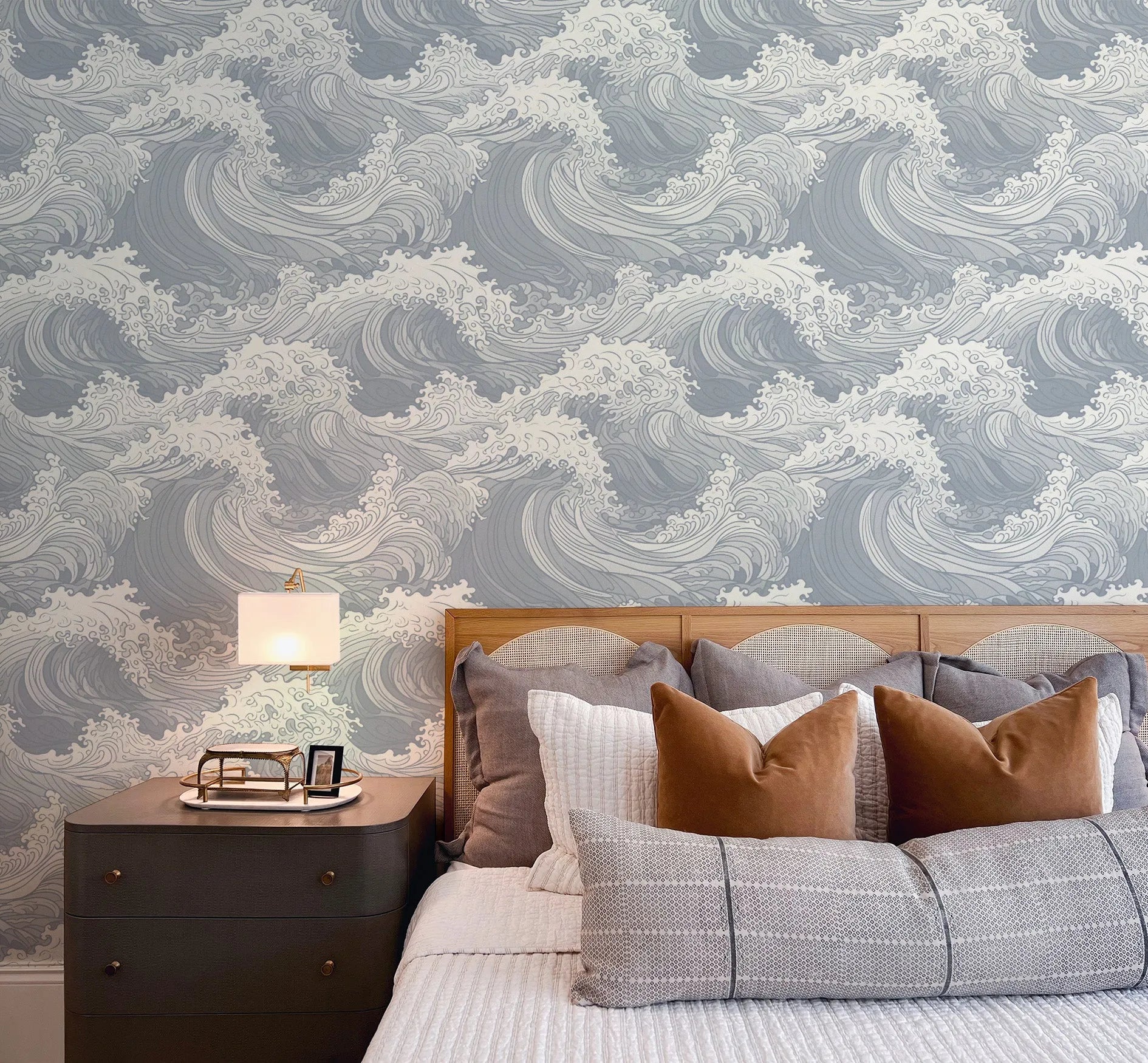 Oriental Waves in Slate Wallpaper from Olive et Oriel where you can shop wallpaper and artworks online