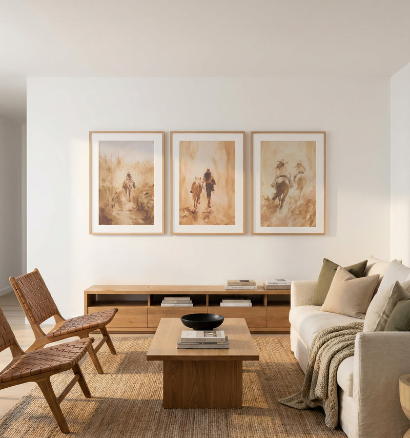 Out West I, II & III | 3 Piece Wall Art Set in Brown art print oak frame with white border