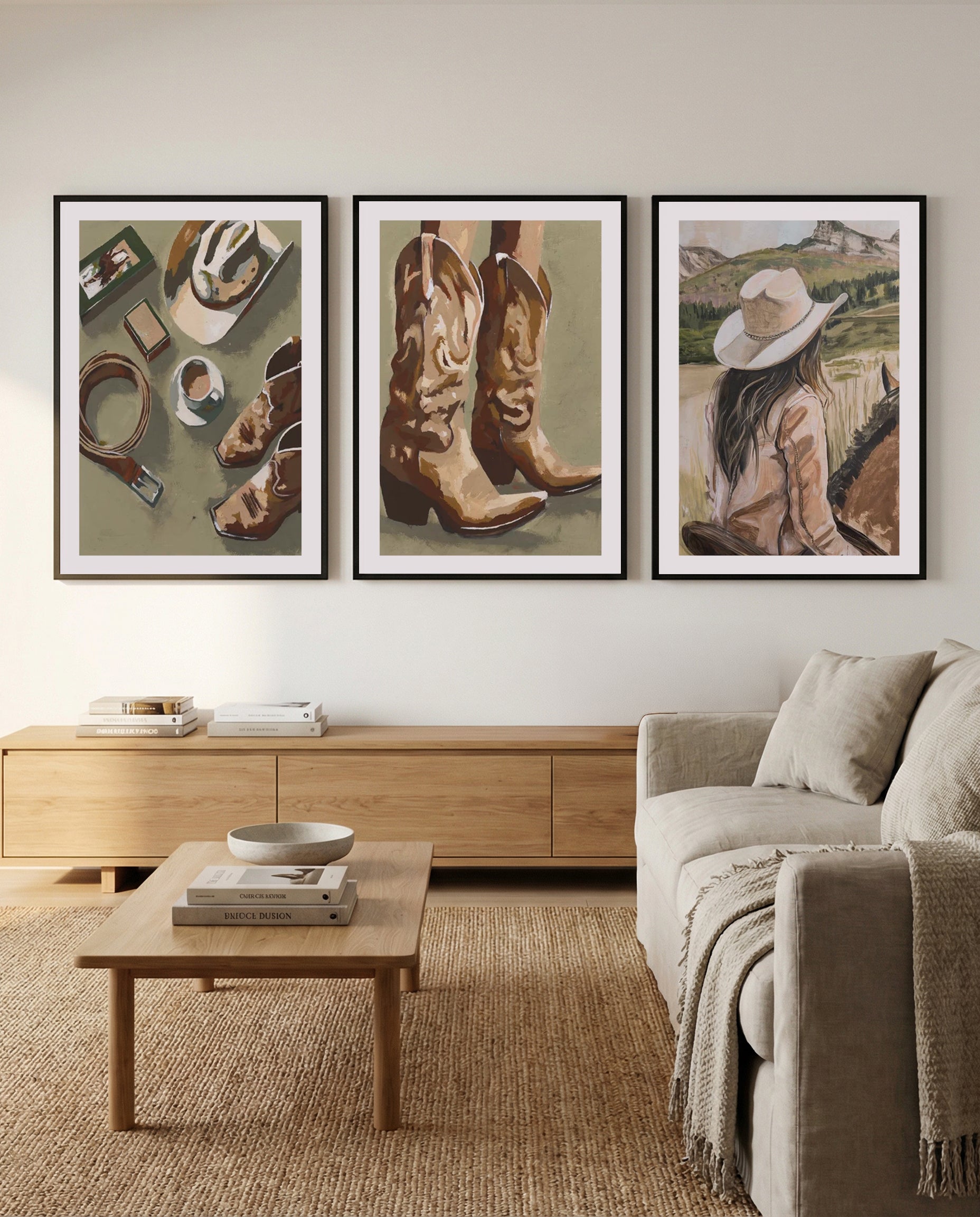 Outlaw I, II & III | 3 Piece Wall Art Set in Brown and Green art print oak frame with white border