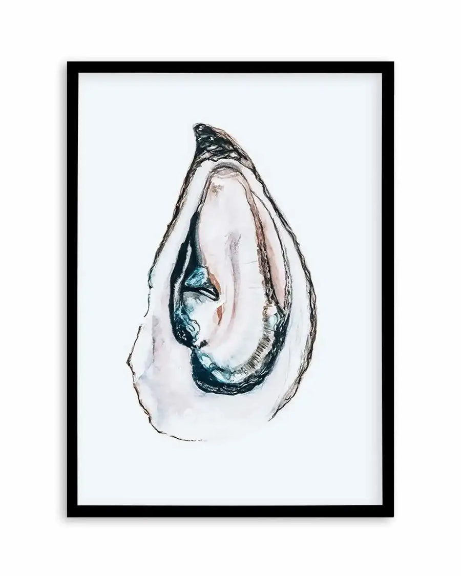 Watercolour art print featuring a single oyster shell with an open, exposed interior, rendered in shades of white, pale pink, and deep teal, with dark, expressive outlines, displayed in a black frame with white border.