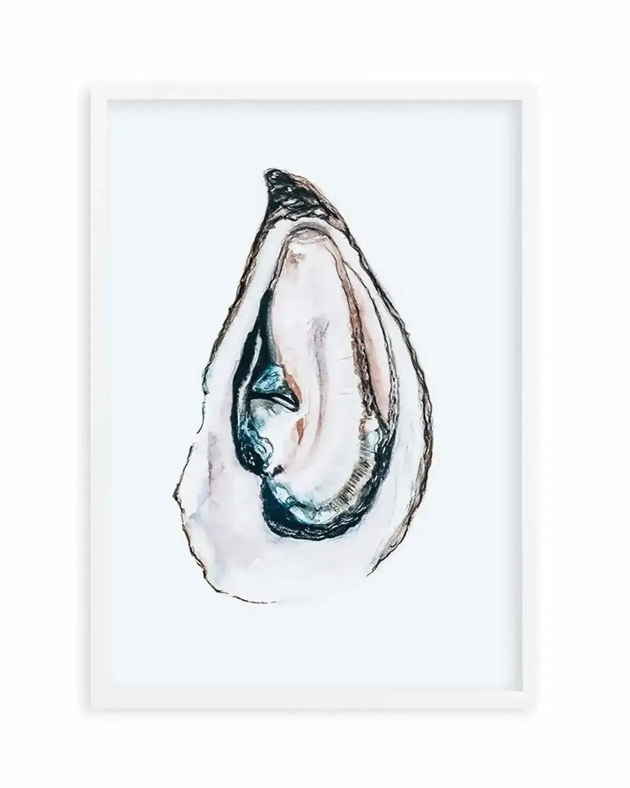 Watercolour art print featuring a single oyster shell with a dark, textured outer edge and a smooth, pearlescent interior in shades of white, pale pink, and deep teal, displayed in a white frame with white border.