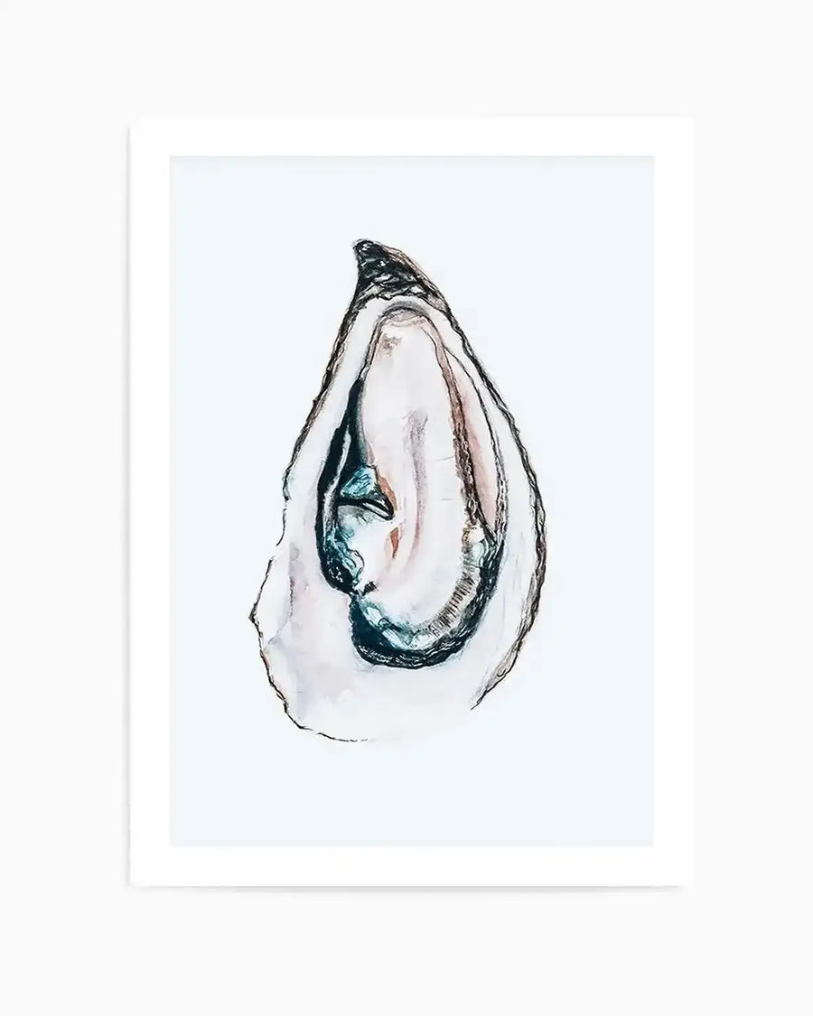 Watercolour art print featuring a single oyster shell with an open, fleshy interior in shades of white, cream, and pale pink, with dark blue-green accents and fine black outline details, printed on fine art paper and displayed in a white frame with a white border.