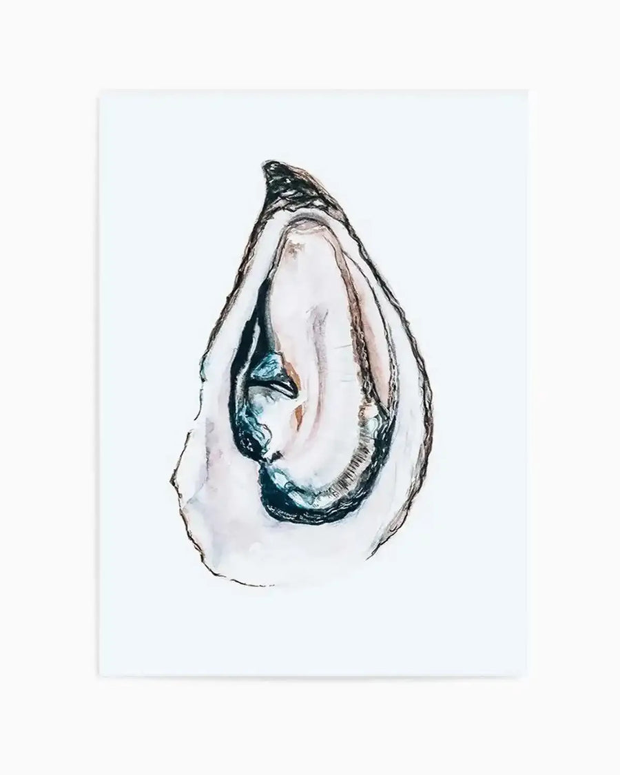 Watercolour art print featuring a single open oyster shell with iridescent white and pale blue interior, outlined with dark brown and black brushstrokes, on a clean white background.