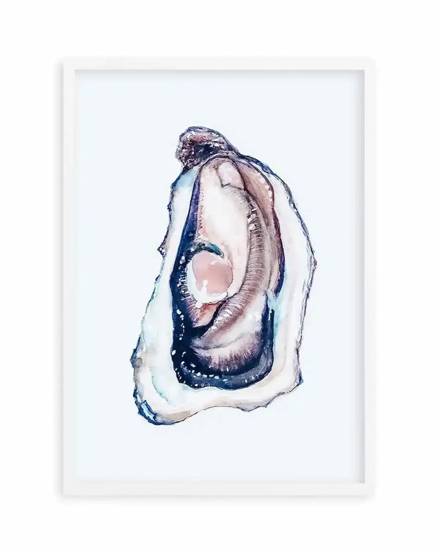 Watercolour art print featuring a single open oyster with iridescent blues, purples, and pinks on a white background, displayed in a white frame with white border.