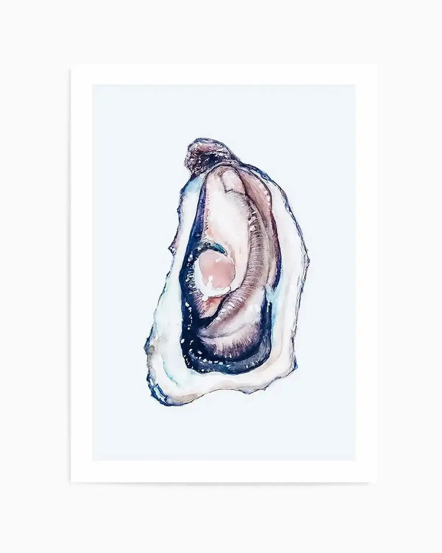 Watercolour art print featuring a single oyster in an open shell on a white background. The oyster has a pinkish-white center with dark blue and brown hues around the edges, and the shell is depicted with white and blue tones.