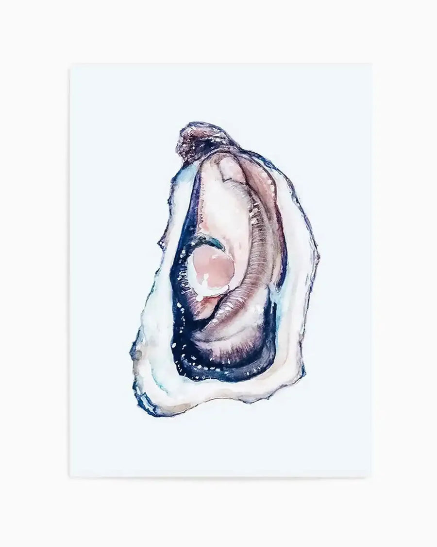 Watercolour art print featuring an open oyster shell with a pale pink pearl nestled inside. The oyster meat is depicted with soft brushstrokes in shades of brown, purple, and cream, with dark blue and white accents along the shell's edge, all on a clean white background.