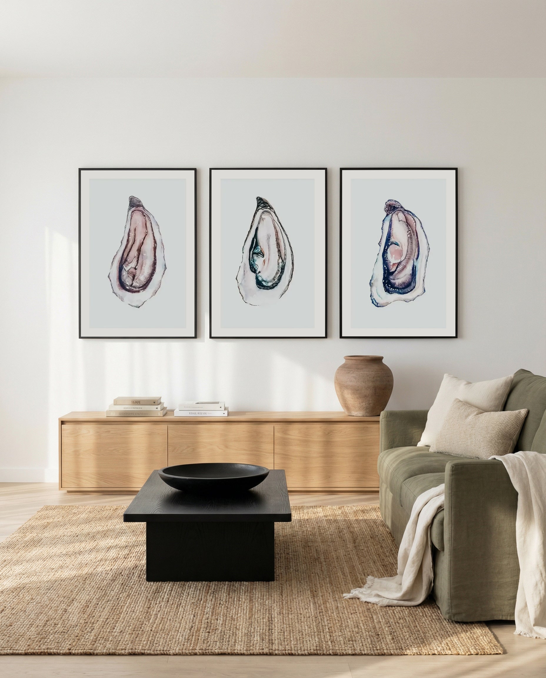 Oyster I, II & III | 3 Piece Wall Art Set in Blue art print oak frame with white border