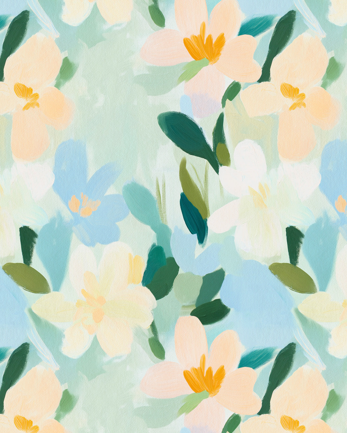Painted Florals in Light Blue & Sage Green Commercial Vinyl Wallpaper