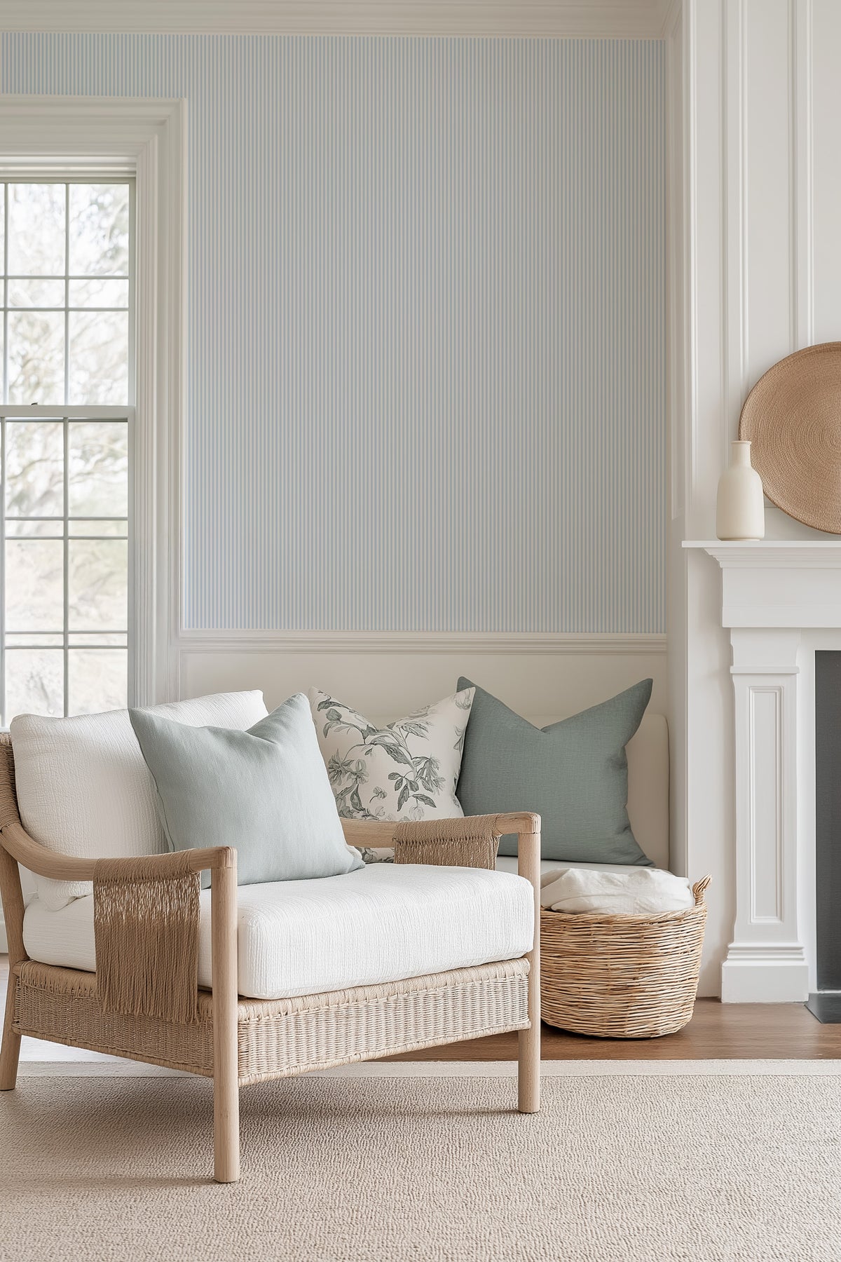 Palisade Blue Thin Stripe Wallpaper from Olive et Oriel where you can shop wallpaper and artworks online