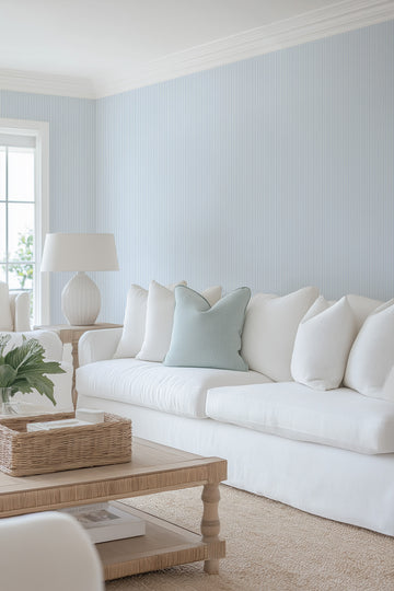 Palisade Blue Thin Stripe Wallpaper from Olive et Oriel where you can shop wallpaper and artworks online