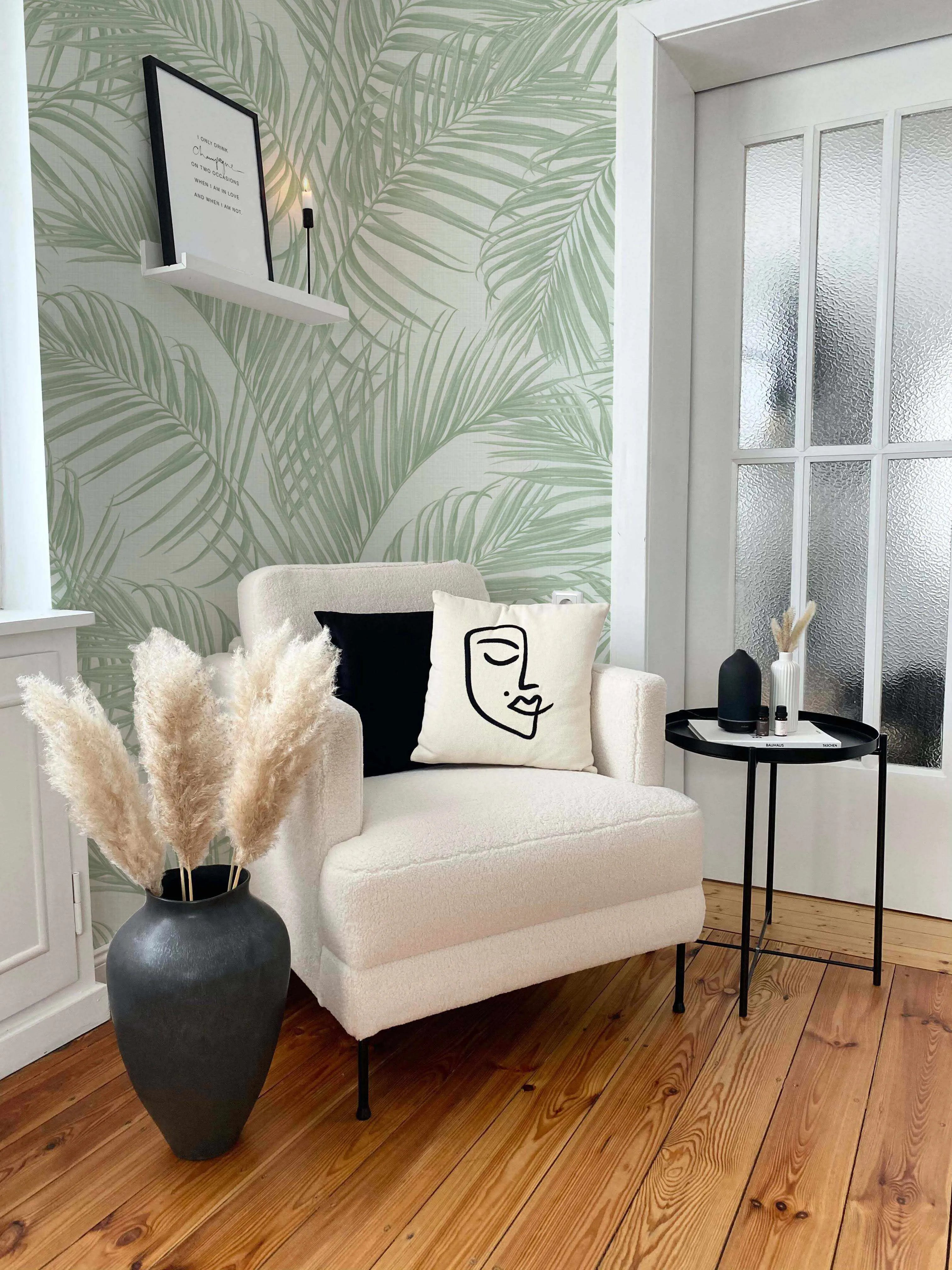 Palm Escape Sage Green On White Wallpaper-Wallpaper-Buy Australian Removable Wallpaper Now Sage Green Wallpaper Peel And Stick Wallpaper Online At Olive et Oriel Custom Made Wallpapers Wall Papers Decorate Your Bedroom Living Room Kids Room or Commercial Interior