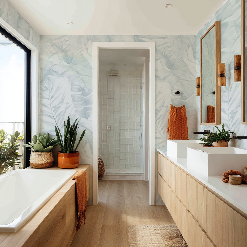 Palm Sanctuary in Light Blue Wallpaper — styled in a contemporary Australian bathroom