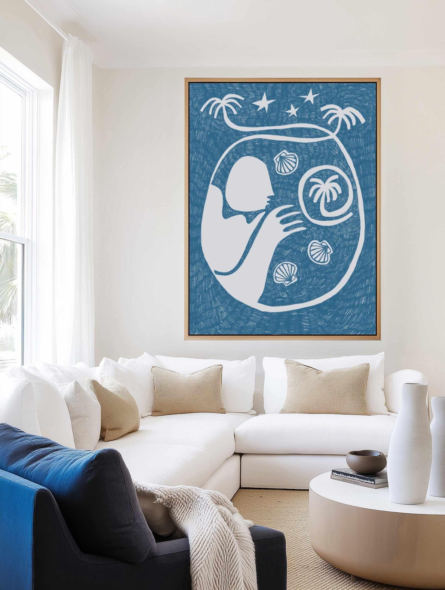 Palm Tree Island 2 Baby Blue by Shatha Al Dafai | Framed Canvas Art Print from Olive et Oriel where you can shop wallpaper and artworks online