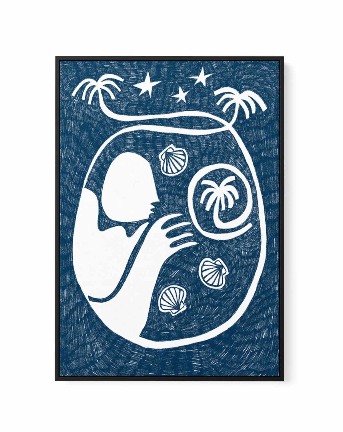 Palm Tree Island 2 Dark Blue by Shatha Al Dafai | Framed Canvas Art Print from Olive et Oriel where you can shop wallpaper and artworks online