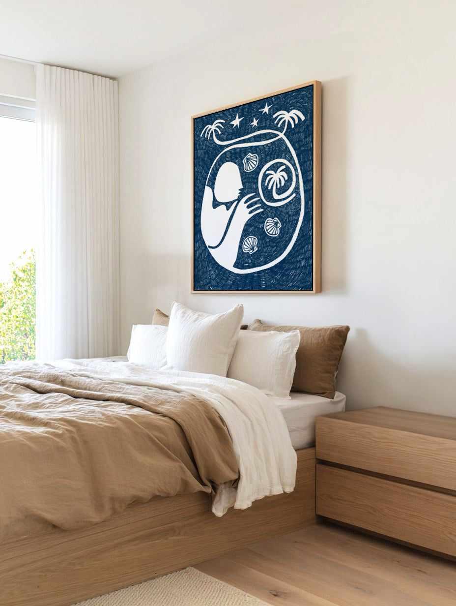 Palm Tree Island 2 Dark Blue by Shatha Al Dafai | Framed Canvas Art Print from Olive et Oriel where you can shop wallpaper and artworks online