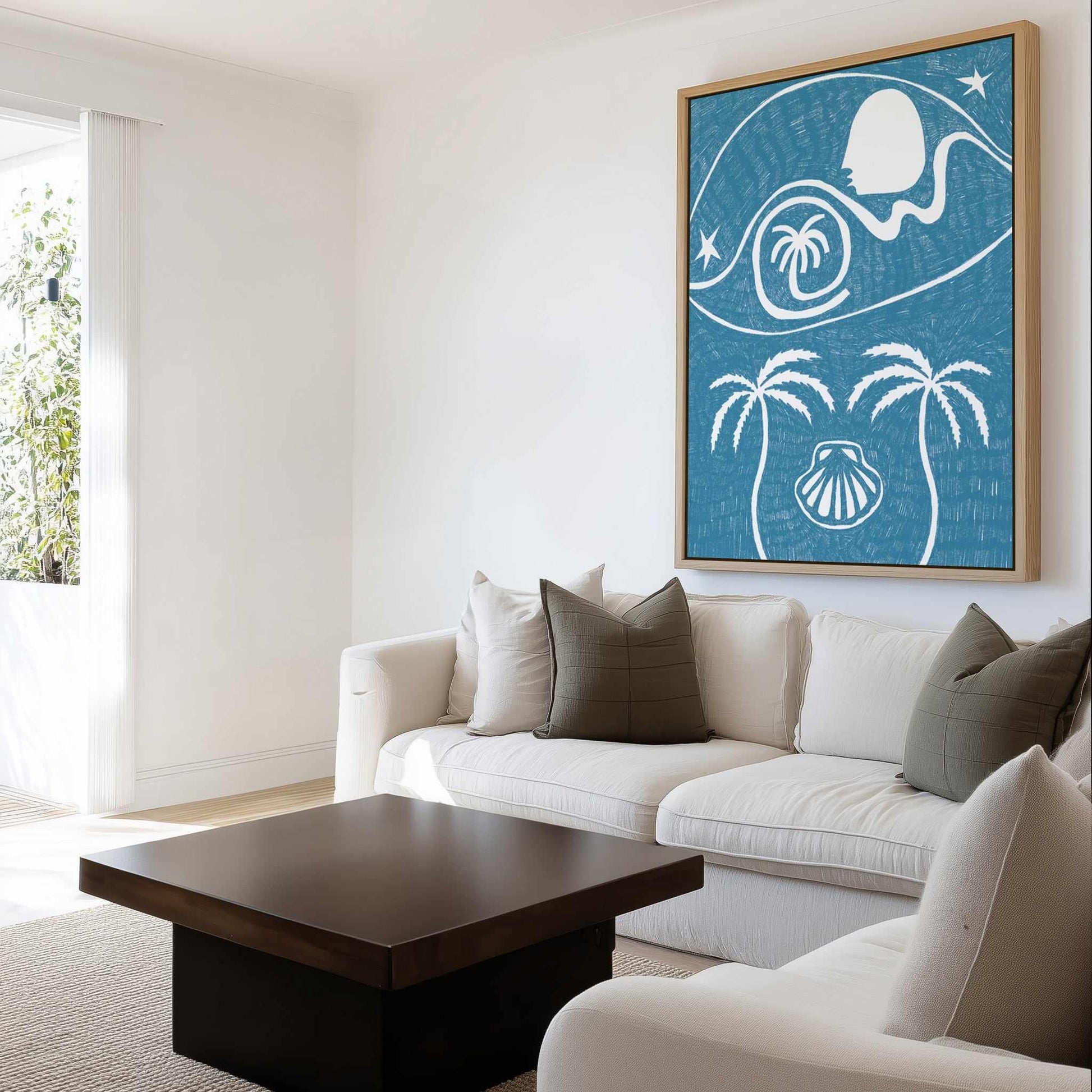 Palm Tree Island 6 Blue by Shatha Al Dafai | Framed Canvas Art Print from Olive et Oriel where you can shop wallpaper and artworks online