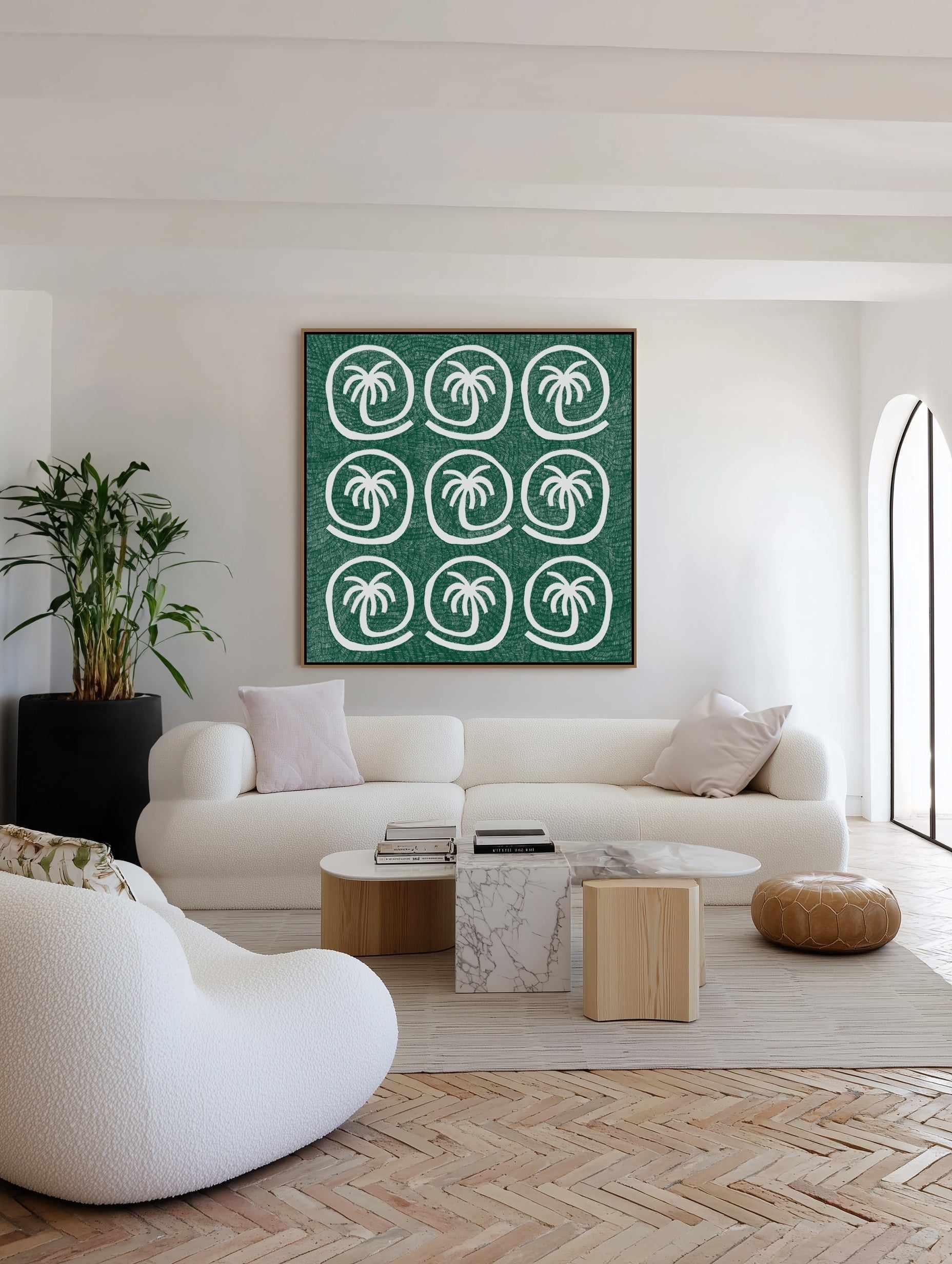 Palm Tree Tiles Green by Shatha Al Dafai | Framed Canvas Art Print from Olive et Oriel where you can shop wallpaper and artworks online