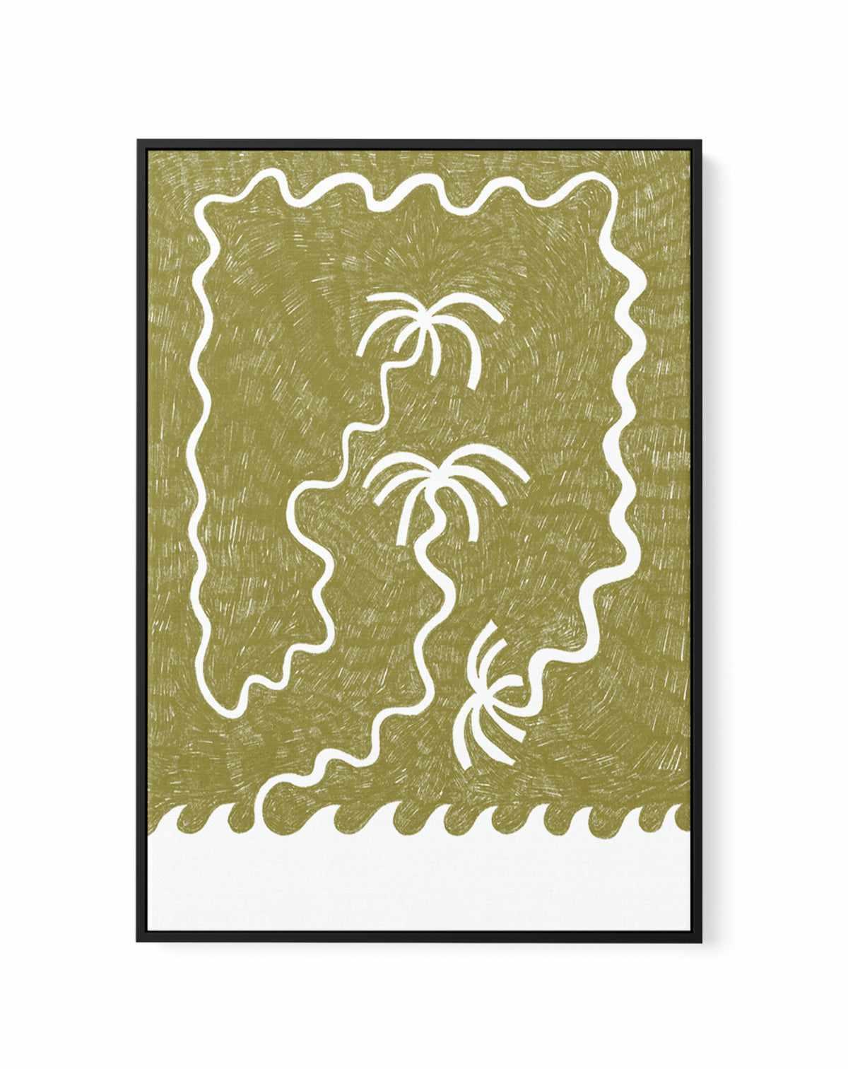 Palm Trees And Waves Green by Shatha Al Dafai | Framed Canvas Art Print from Olive et Oriel where you can shop wallpaper and artworks online