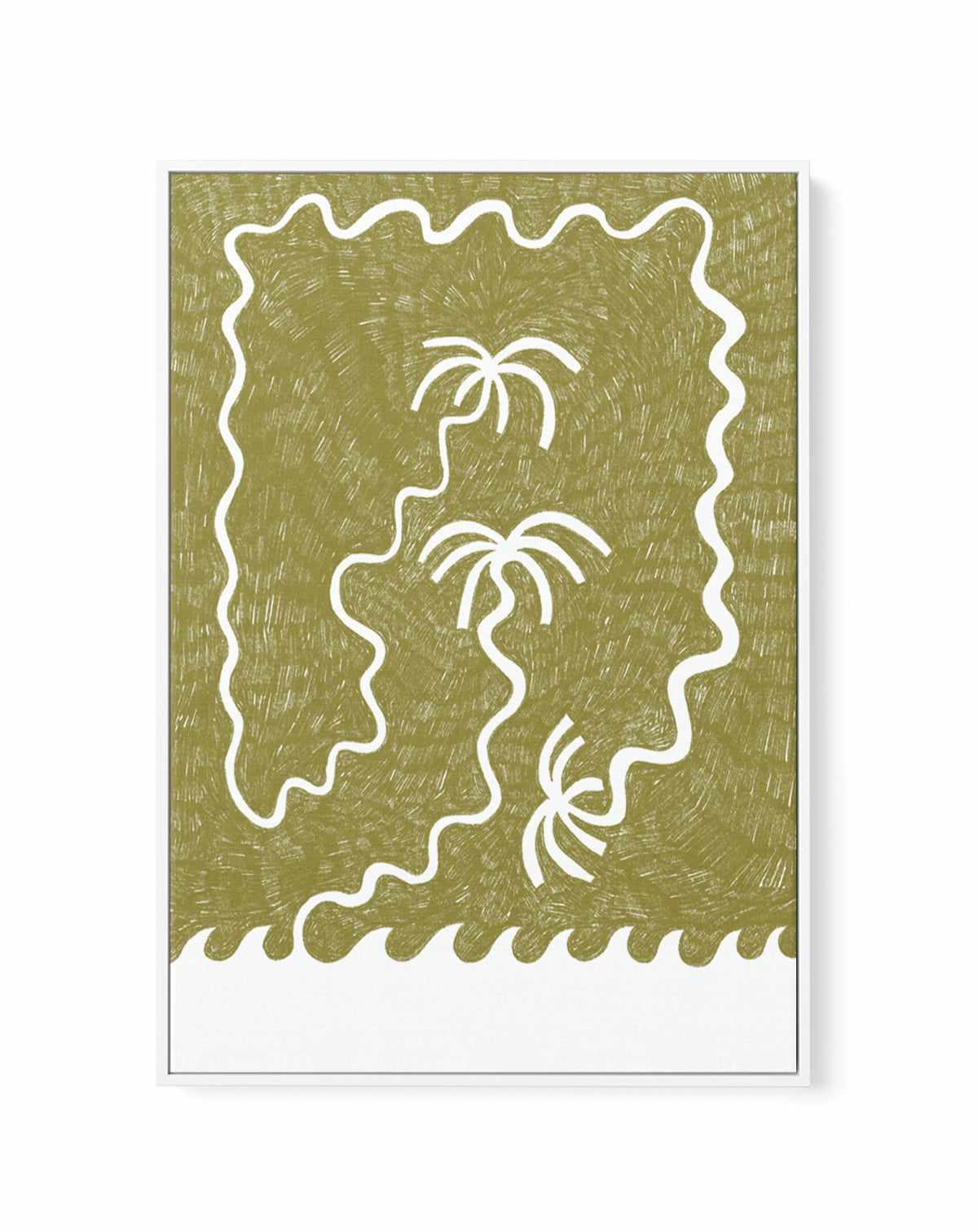 Palm Trees And Waves Green by Shatha Al Dafai | Framed Canvas Art Print from Olive et Oriel where you can shop wallpaper and artworks online