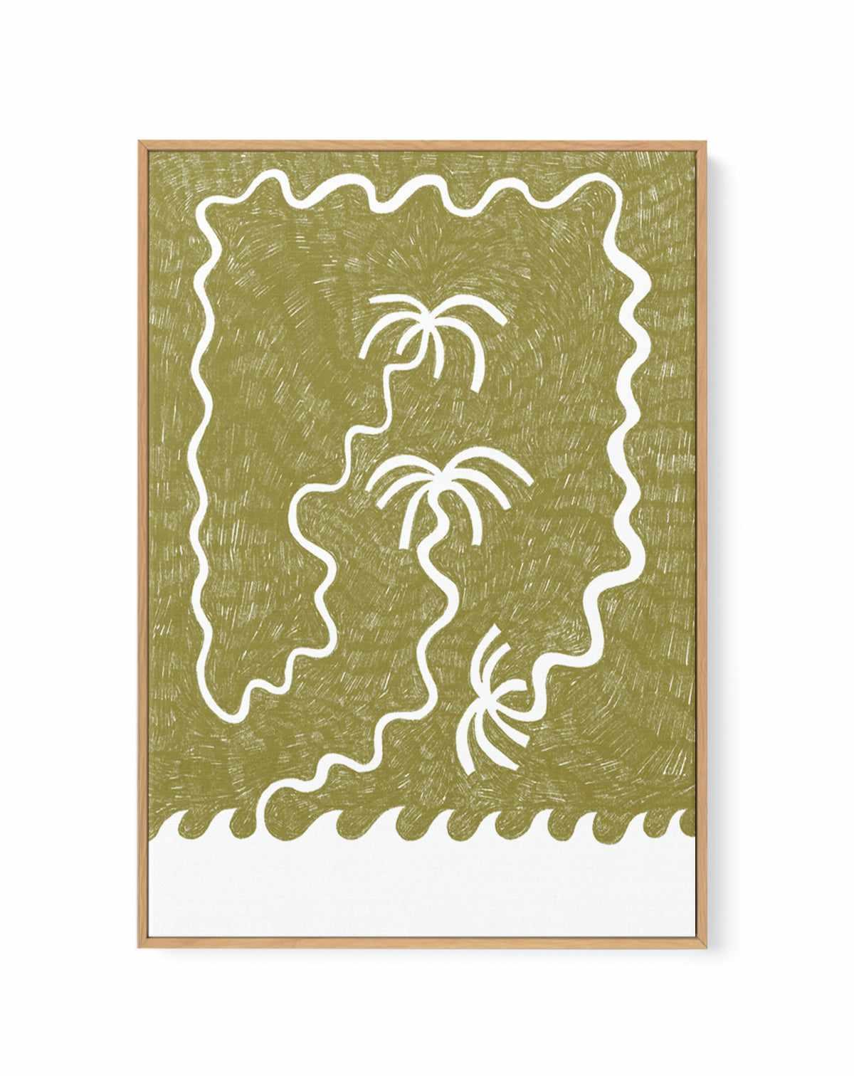 Palm Trees And Waves Green by Shatha Al Dafai | Framed Canvas Art Print from Olive et Oriel where you can shop wallpaper and artworks online