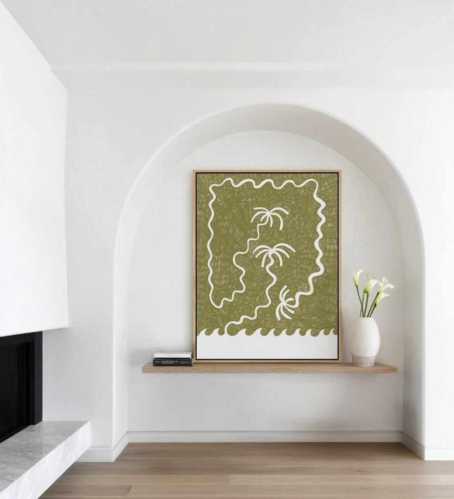 Palm Trees And Waves Green by Shatha Al Dafai | Framed Canvas Art Print from Olive et Oriel where you can shop wallpaper and artworks online