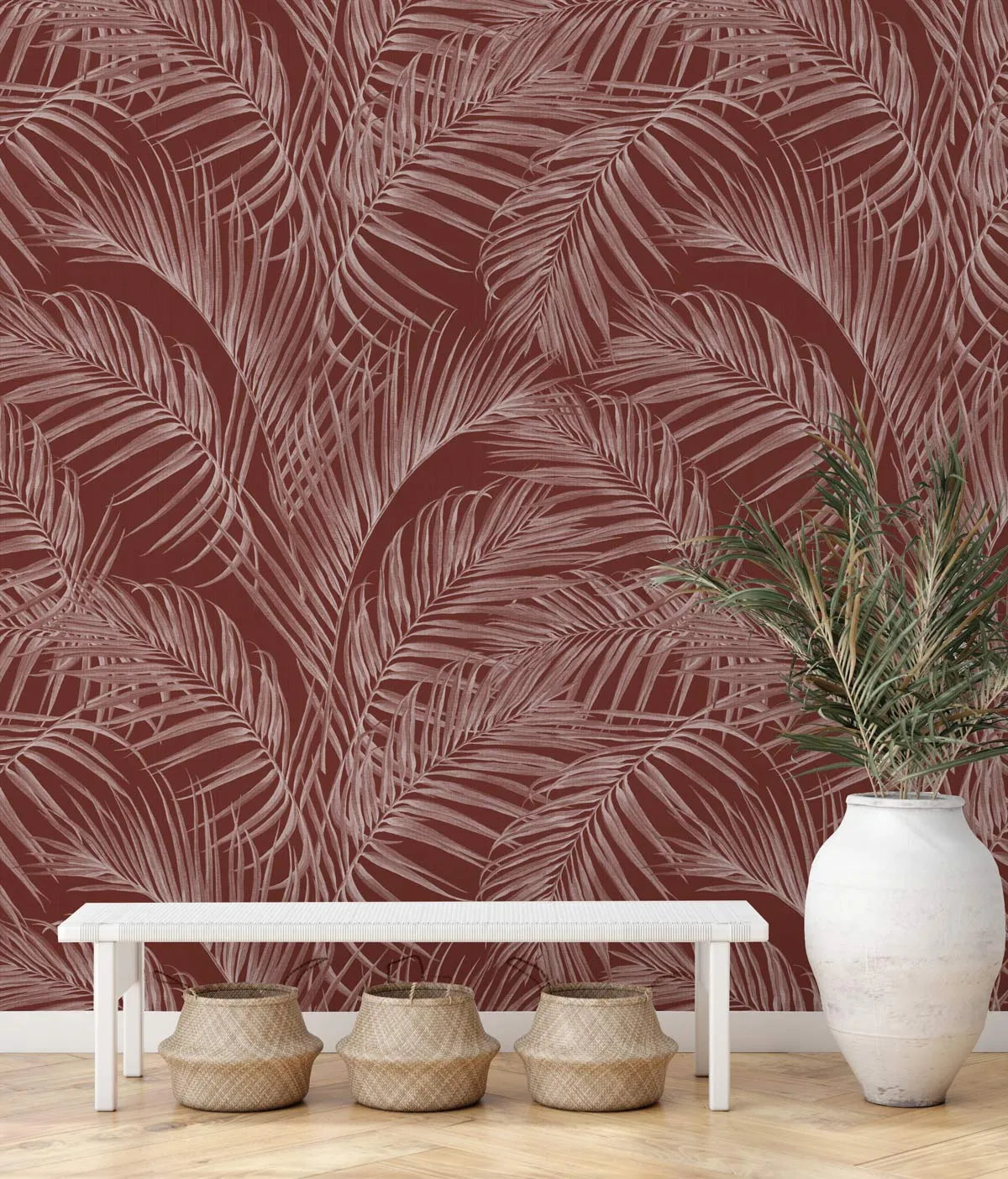 Palm Escape in Burnt Umber Red Wallpaper from Olive et Oriel where you can shop wallpaper and artworks online