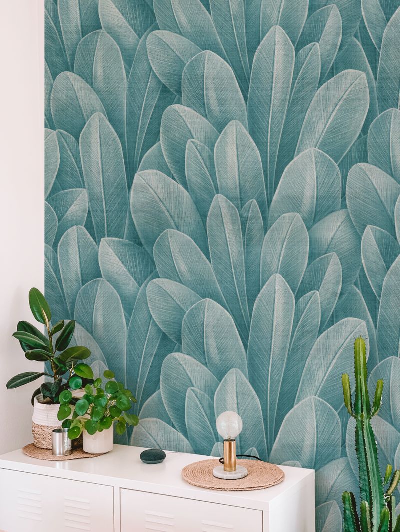 Palm Feathers Teal Blue Wallpaper