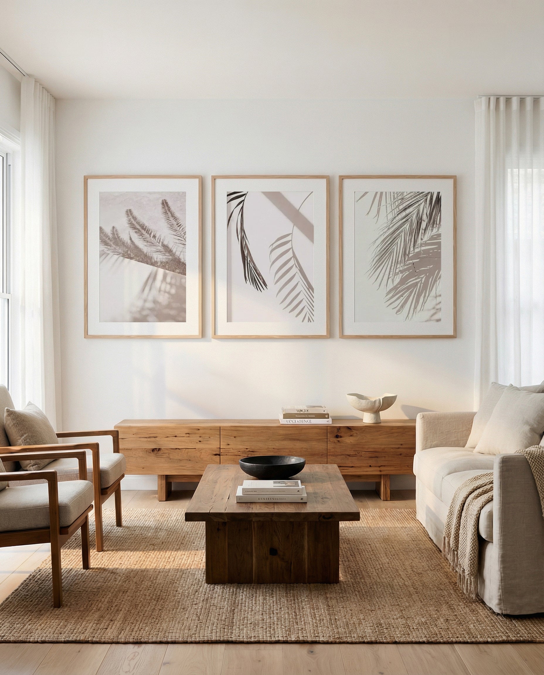 Palm Shadow I, II & III | 3 Piece Wall Art Set in Brown art print oak frame with white border