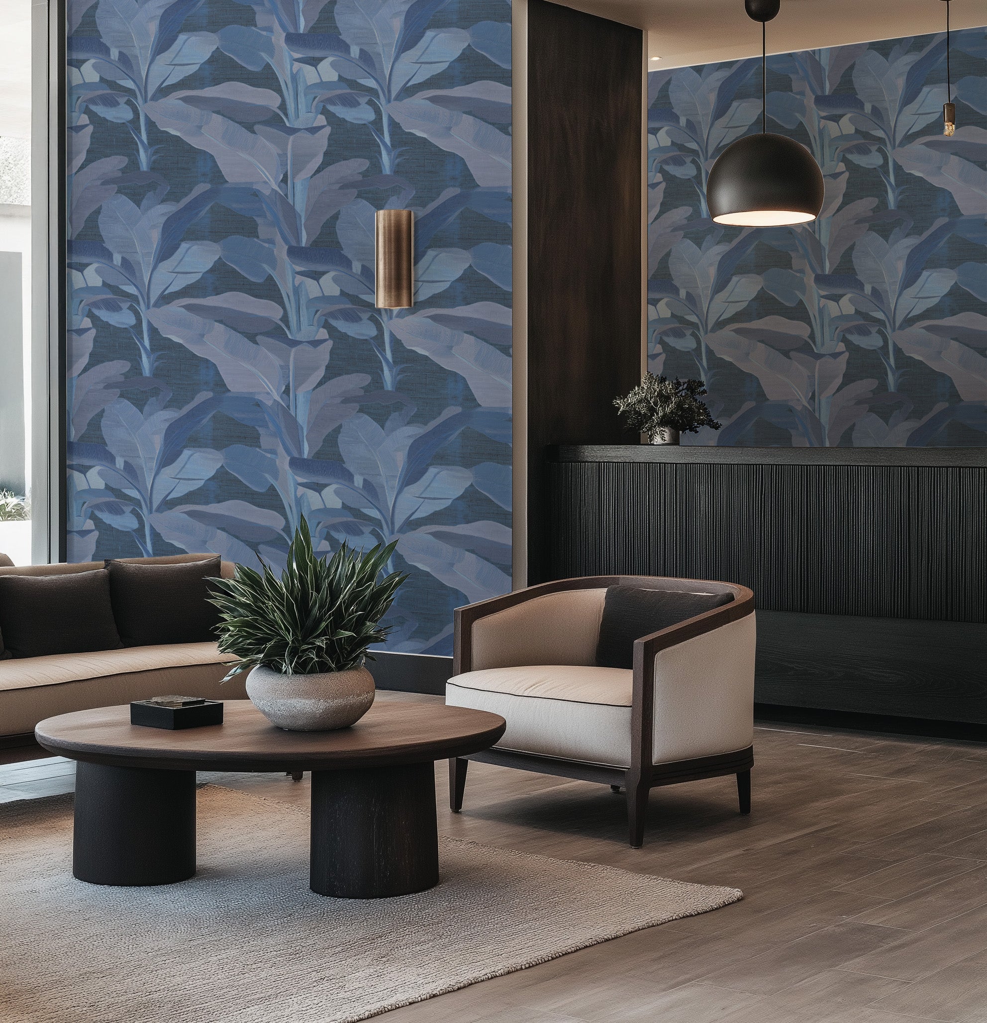 Palmera Nocturne in Navy Blue Commercial Vinyl Wallpaper from Olive et Oriel where you can shop wallpaper and artworks online