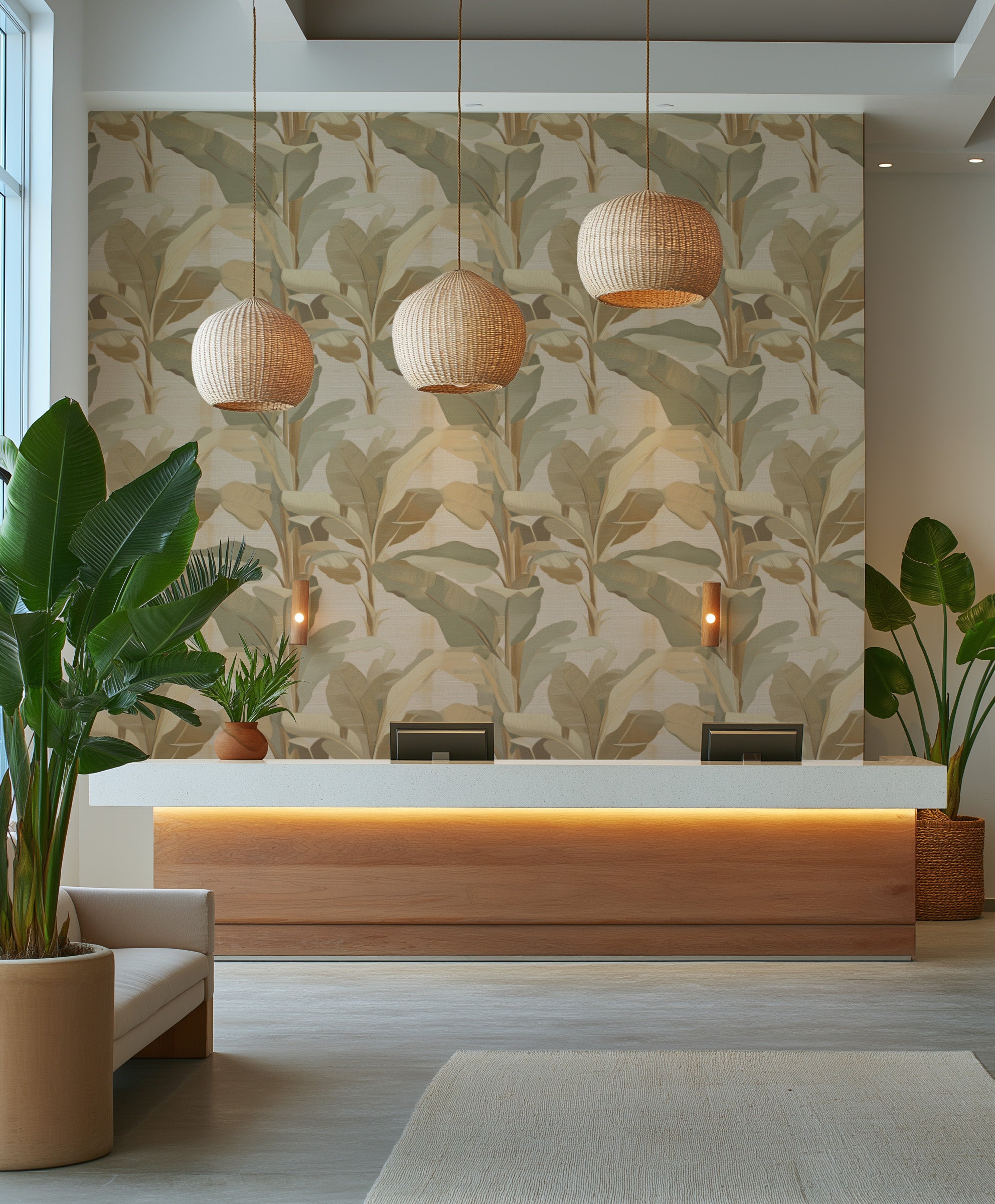 Palmera Nocturne in Beige Commercial Vinyl Wallpaper from Olive et Oriel where you can shop wallpaper and artworks online