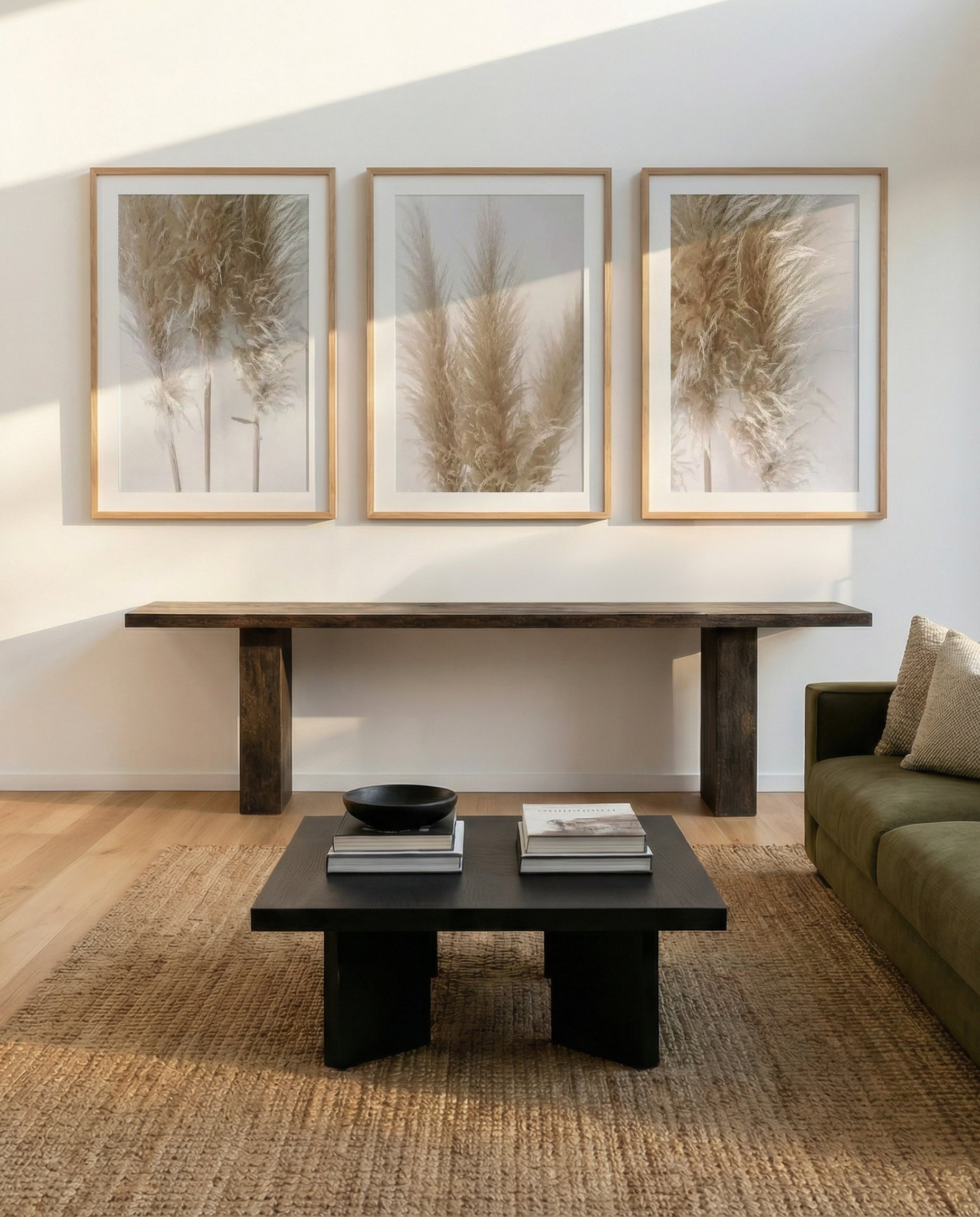 Pampas on Grey I, II & III | 3 Piece Wall Art Set in Brown and Grey art print oak frame with white border