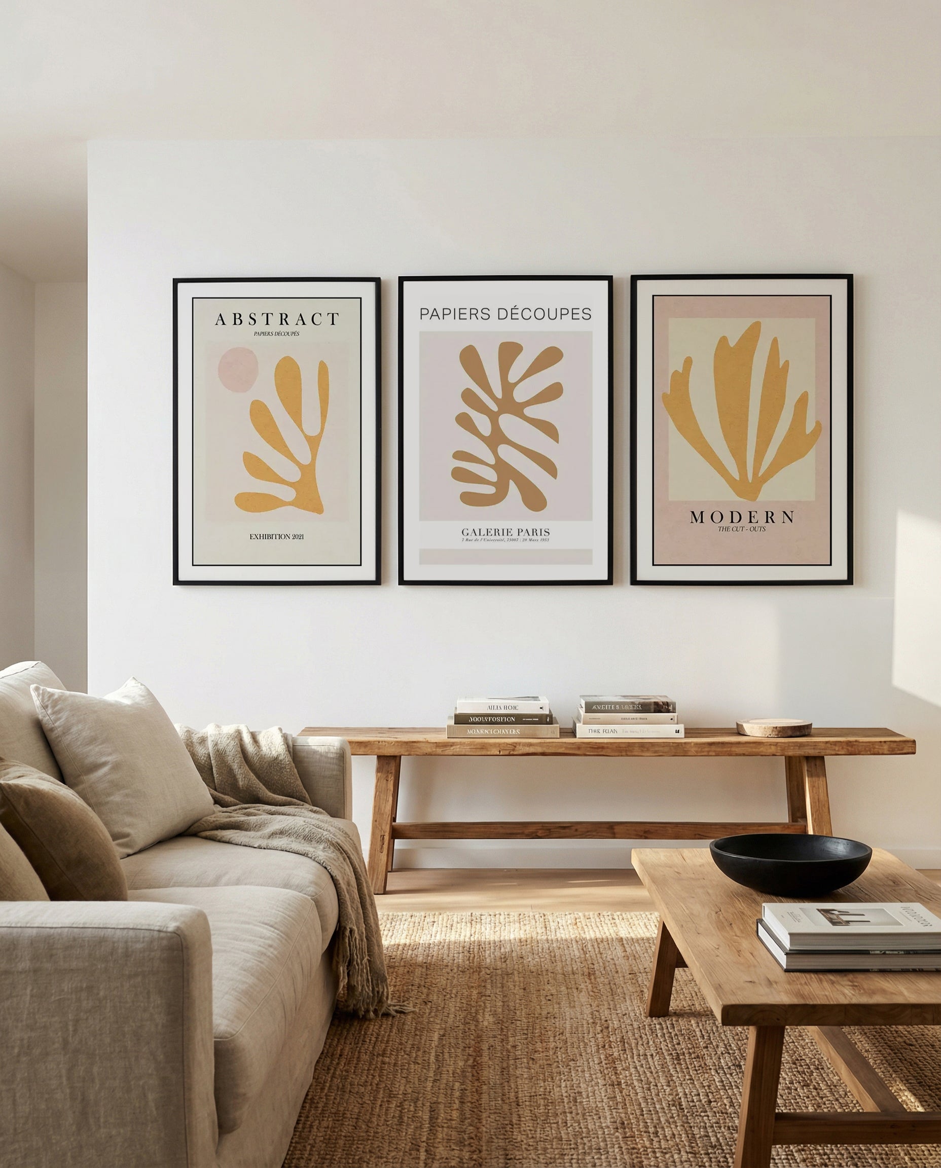 Papiers Decoupes I, II & III | 3 Piece Wall Art Set in Yellow abstract art print oak frame with white border