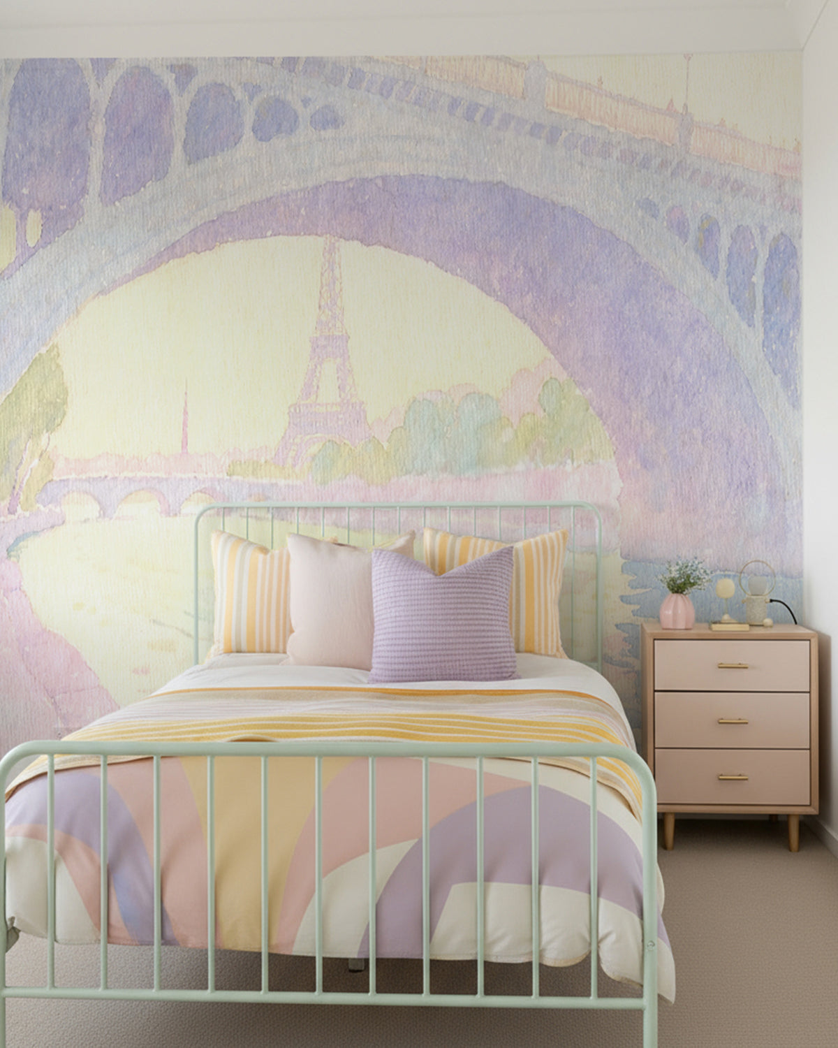 Paris in Pastel Watercolour Mural Wallpaper from Olive et Oriel where you can shop wallpaper and artworks online