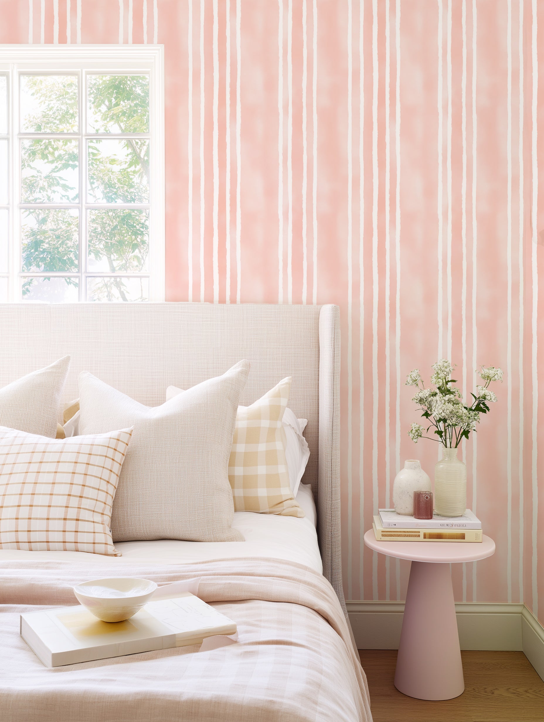 Parisian Pink Stripe Wallpaper from Olive et Oriel where you can shop wallpaper and artworks online