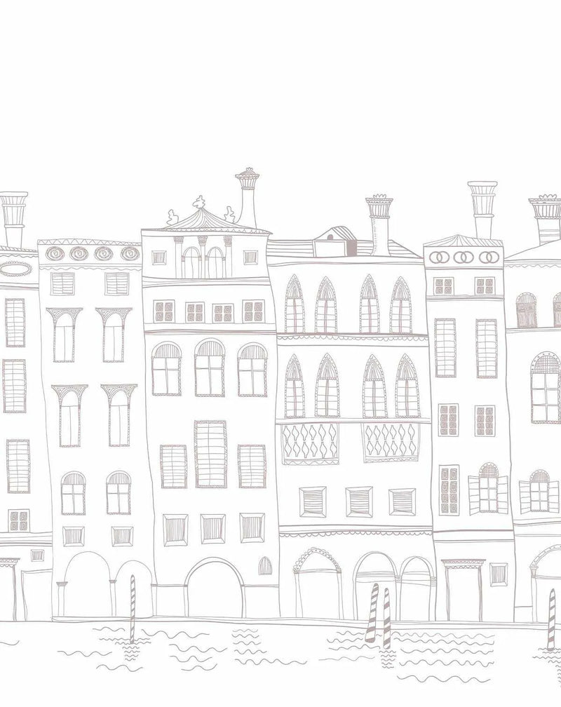 Peel and stick wallpaper featuring a repeating pattern of hand-drawn Parisian street buildings in a light sepia-toned outline on a white background. The illustration depicts a row of multi-story buildings with various window styles, chimneys, and arched doorways, with the bottom portion showing a canal with wavy water and striped mooring poles.