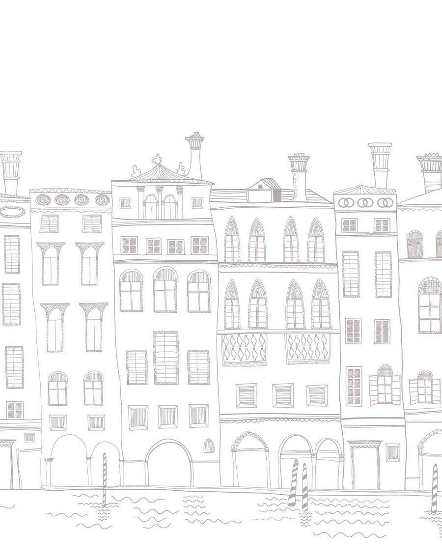 Peel and stick wallpaper featuring a repeating pattern of hand-drawn Parisian street buildings in a light sepia-toned outline on a white background. The illustration depicts a row of multi-story buildings with various window styles, chimneys, and arched doorways, with the bottom portion showing a canal with wavy water and striped mooring poles.