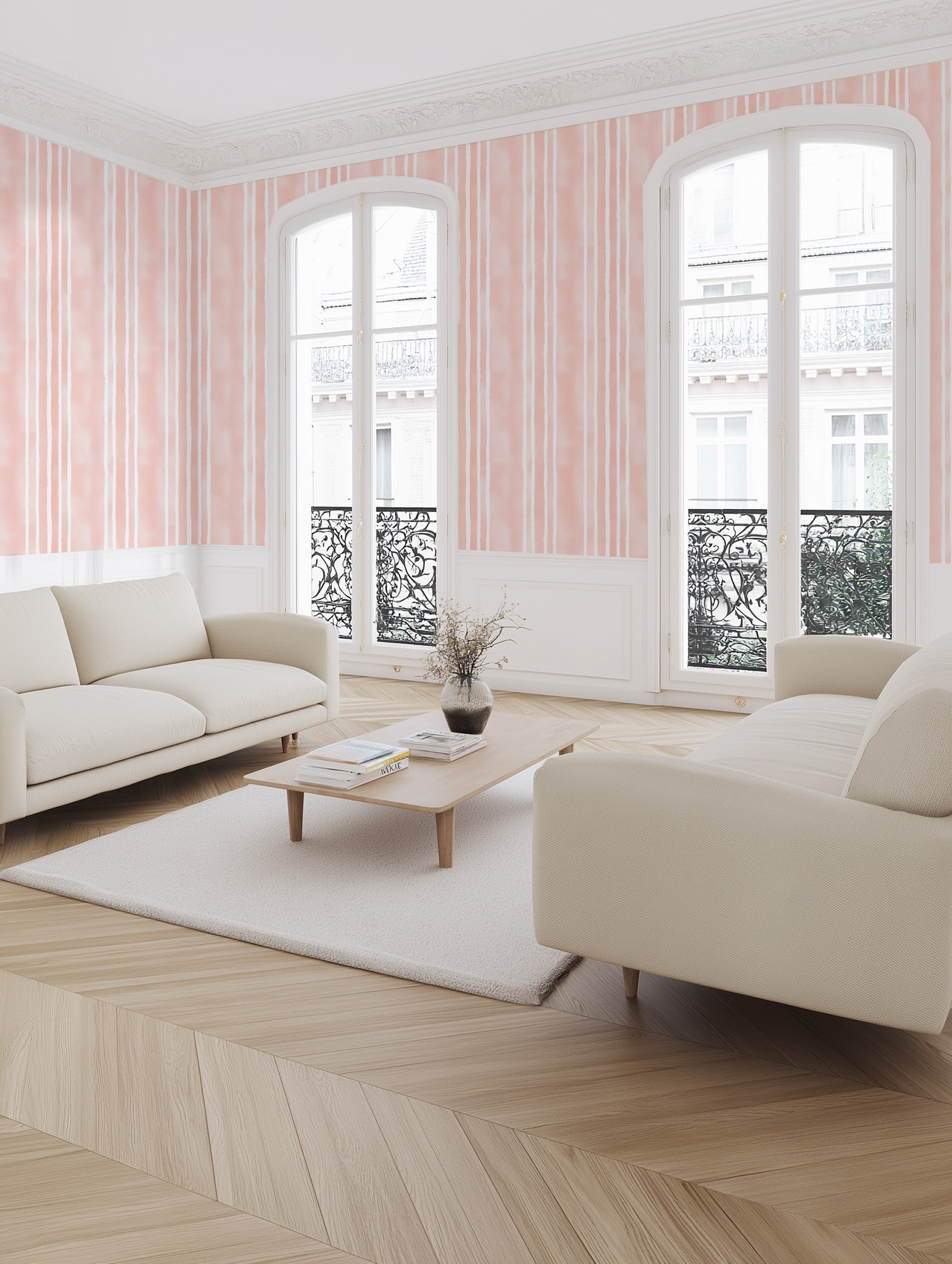 Parisian Pink Stripe Wallpaper from Olive et Oriel where you can shop wallpaper and artworks online