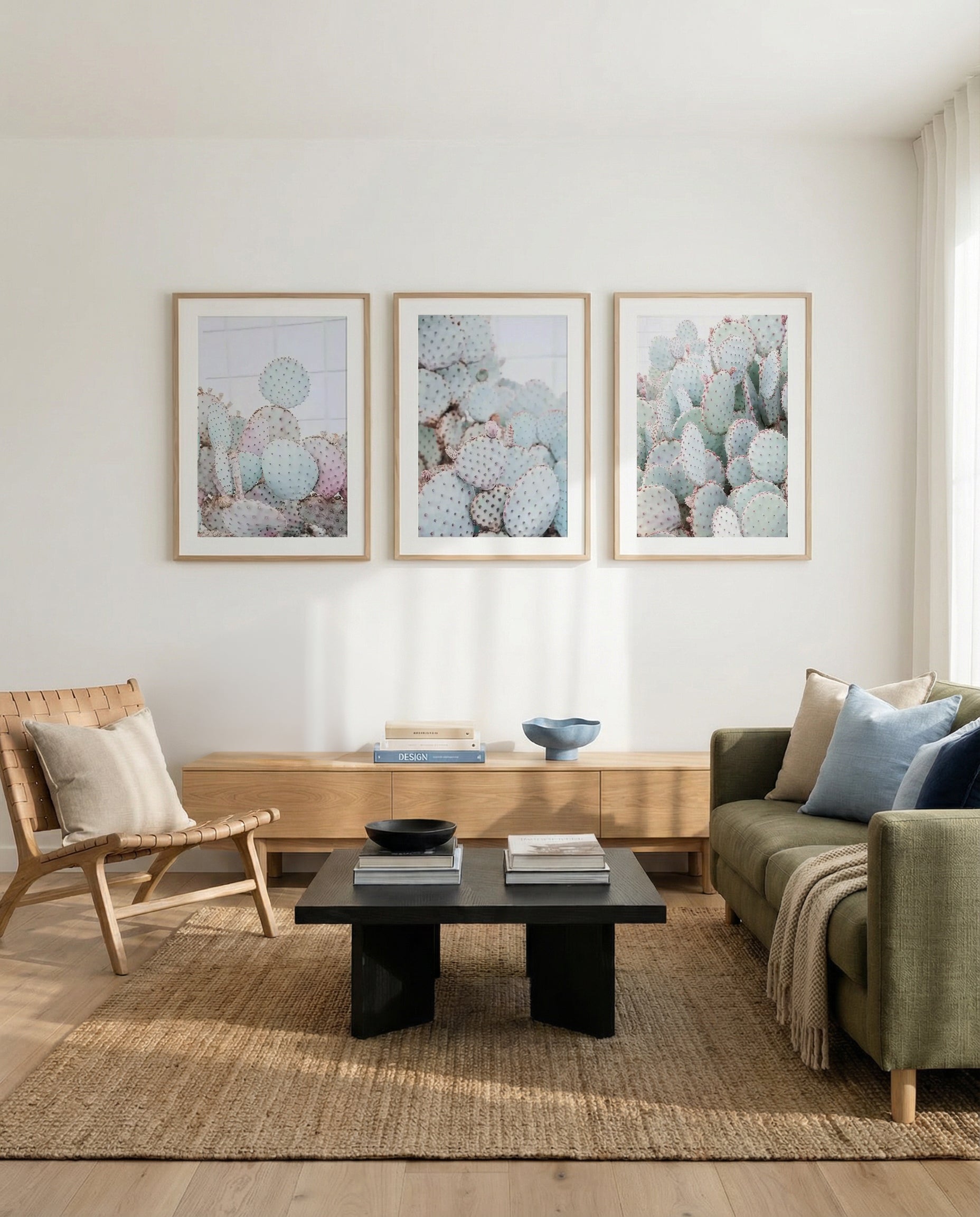 Pastel Cactus I, II & III | 3 Piece Wall Art Set in Pastel art print oak frame with white border