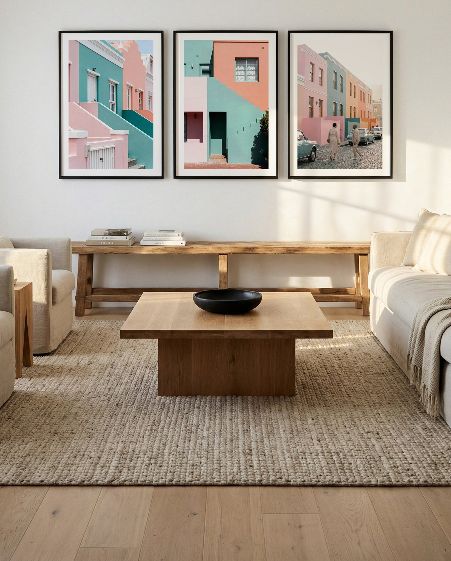 Pastel Villas I, II & III | 3 Piece Wall Art Set in Pastel art print oak frame with white border