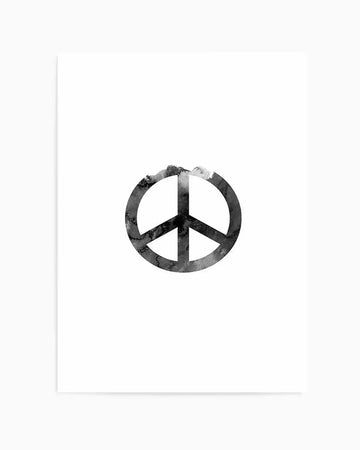 Watercolour art print featuring a peace sign symbol with a distressed, textured finish in shades of black and dark grey on a clean white background. The brushstrokes create a mottled, almost tie-dye effect within the symbol.