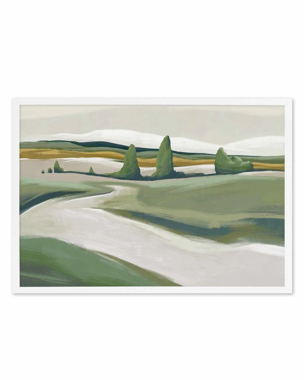 Peaceful Green Land Art Print from Olive et Oriel where you can shop wallpaper and artworks online