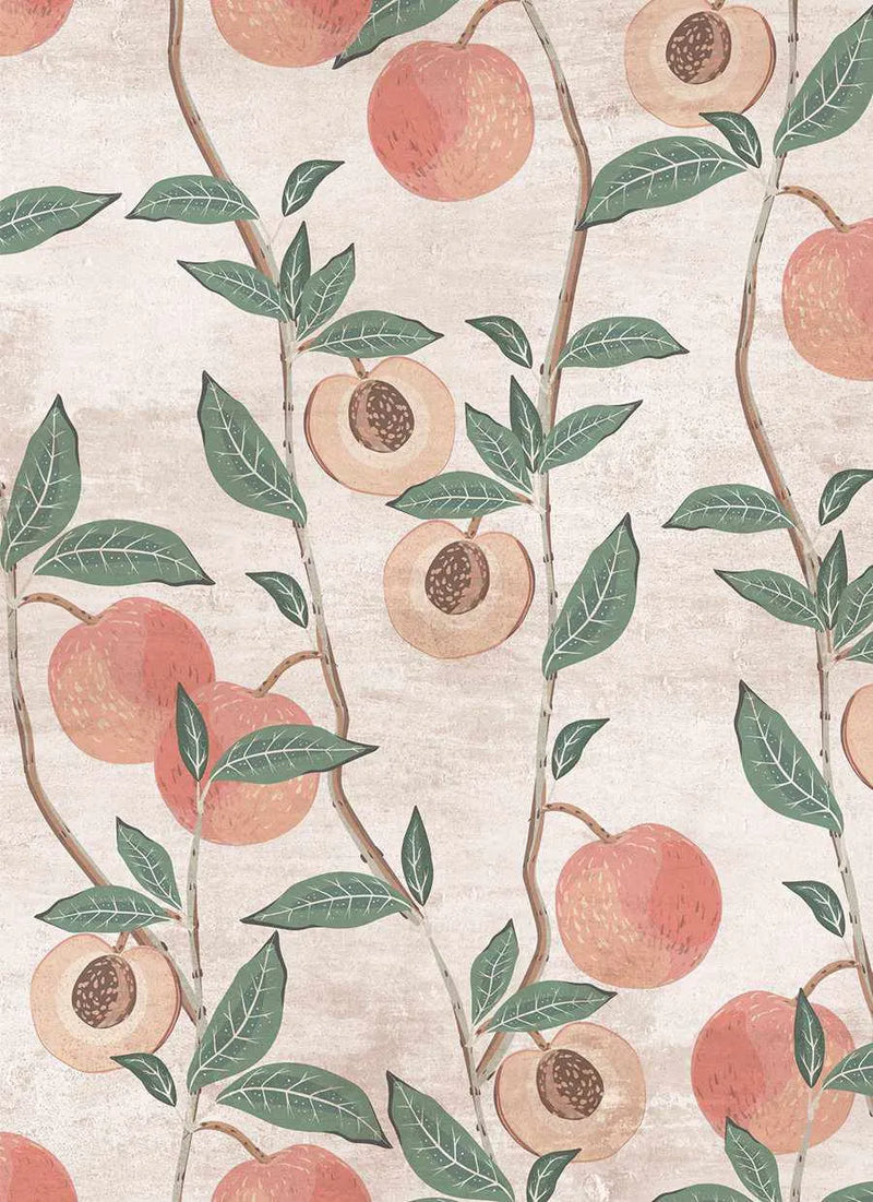 Peel and stick wallpaper featuring a repeating pattern of hand-painted peach branches with ripe peaches and green leaves on a textured cream background. The design includes whole peaches in shades of coral and blush, and halved peaches revealing their pits, all with visible brushstroke texture.