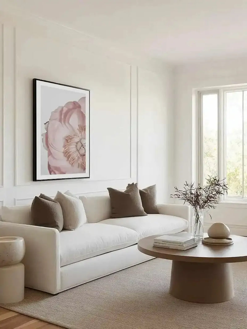 Lifestyle shot of a minimalist living room featuring a large framed art print of a close-up pink peony. The print, with a black frame and white border, is displayed above a white sofa with brown and cream throw pillows. A round wooden coffee table with books and a vase of dried branches sits on a light-colored rug.