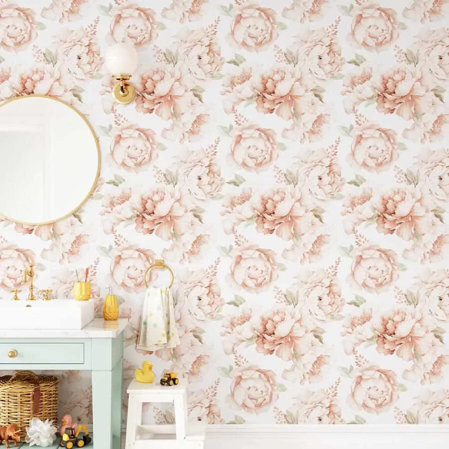Peony Roses in Soft Terracotta Wallpaper-Wallpaper-Buy Kids Removable Wallpaper Online Our Custom Made Children√¢‚Ç¨‚Ñ¢s Wallpapers Are A Fun Way To Decorate And Enhance Boys Bedroom Decor And Girls Bedrooms They Are An Amazing Addition To Your Kids Bedroom Walls Our Collection of Kids Wallpaper Is Sure To Transform Your Kids Rooms Interior Style From Pink Wallpaper To Dinosaur Wallpaper Even Marble Wallpapers For Teen Boys Shop Peel And Stick Wallpaper Online Today With Olive et Oriel