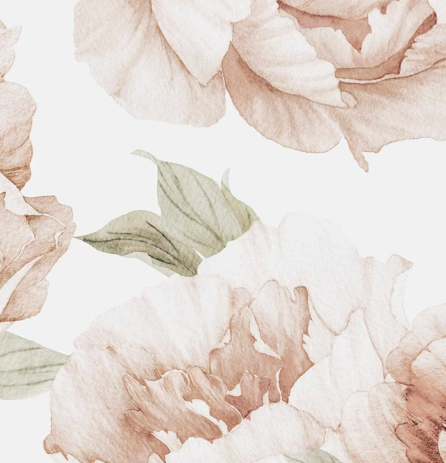 Watercolor wallpaper design featuring soft terracotta and blush pink peonies with delicate, layered petals scattered across a cream background. Gray-green leaves accent the composition. The painterly style shows subtle color gradations and translucent washes, creating depth and a romantic, botanical aesthetic.