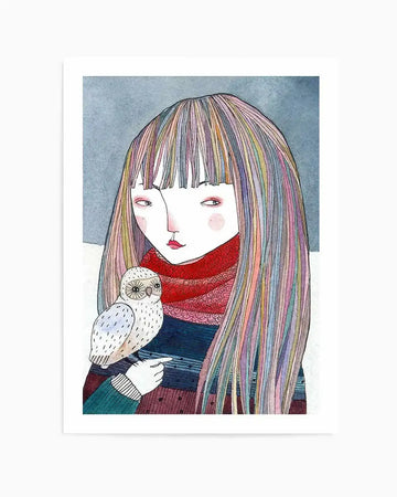 Watercolour art print featuring a whimsical illustration of a girl with long, multi-coloured striped hair and bangs, wearing a red knitted scarf and a striped sweater, holding a small white owl on her finger. The background is a muted blue-grey sky with a white horizon line. The girl has pale skin, rosy cheeks, and red lips, with a slightly melancholic expression. The owl is white with small black speckles and large, round eyes.