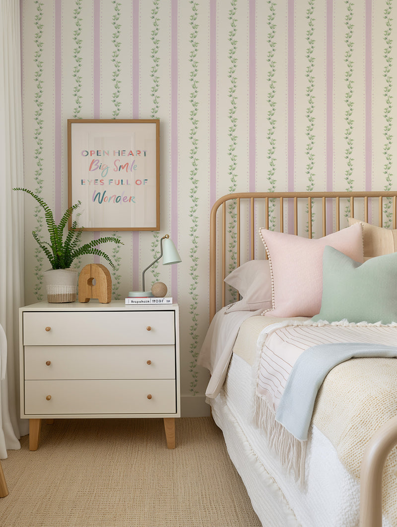 Petite Leafy Stripes in Lilac By the Roll Wallpaper from Olive et Oriel where you can shop wallpaper and artworks online