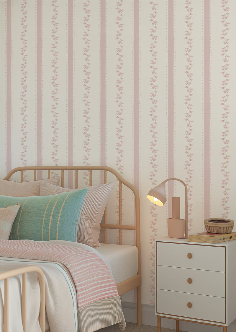 Petite Leafy Stripes in Pink By the Roll Wallpaper from Olive et Oriel where you can shop wallpaper and artworks online
